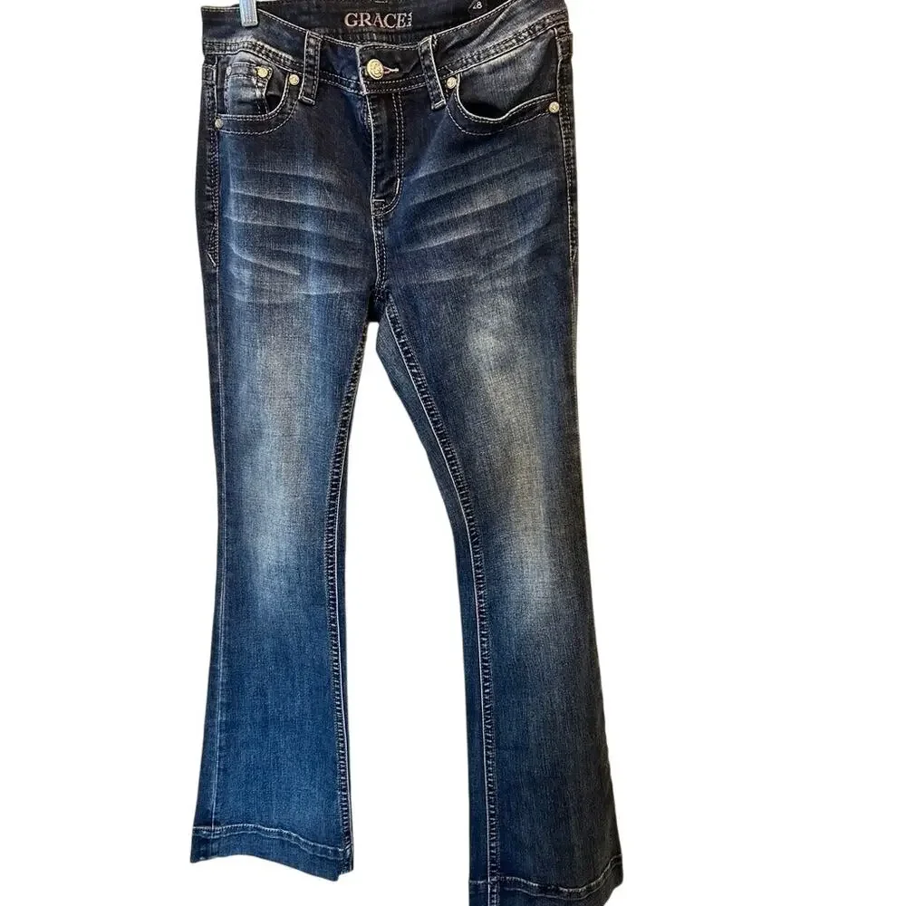 Grace in LA Womens 28 Bootcut Jeans Blue Embellished Aztec Pocket Western EUC